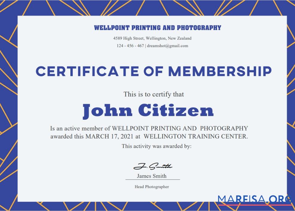 Realistic USA membership certificate real example